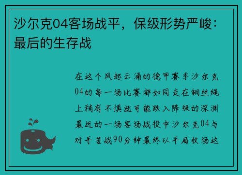 沙尔克04客场战平，保级形势严峻：最后的生存战