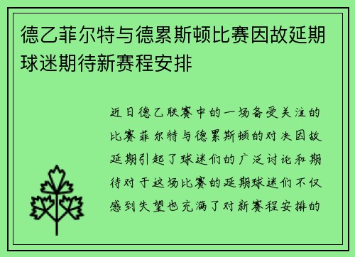 德乙菲尔特与德累斯顿比赛因故延期球迷期待新赛程安排