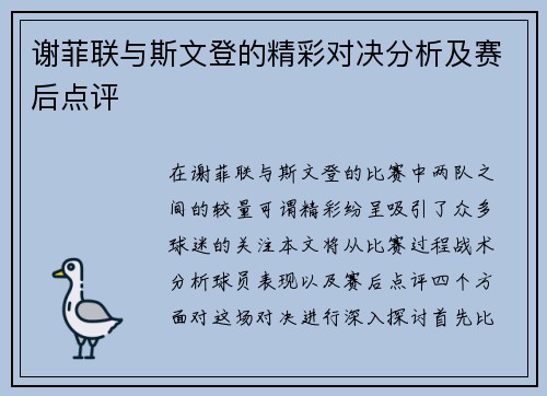 谢菲联与斯文登的精彩对决分析及赛后点评