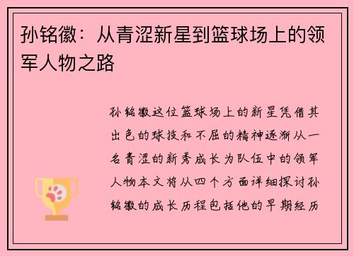 孙铭徽：从青涩新星到篮球场上的领军人物之路