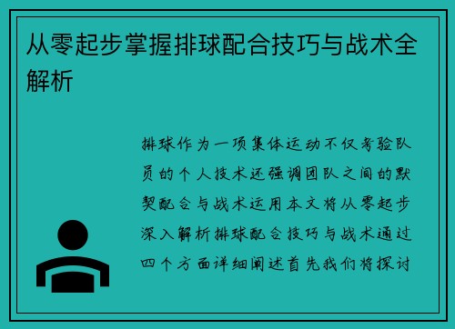 从零起步掌握排球配合技巧与战术全解析
