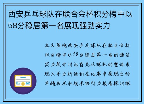 西安乒乓球队在联合会杯积分榜中以58分稳居第一名展现强劲实力